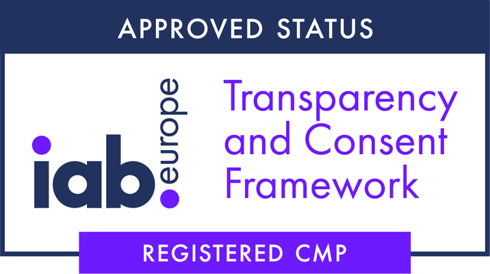 IAB Europe Transparency and Consent Framework seal: approved status, registered CMP